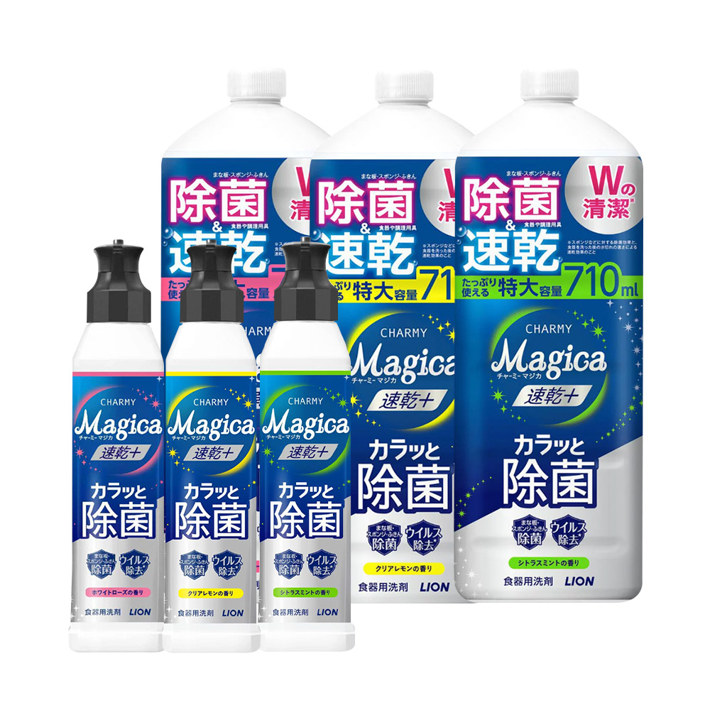 LION 日本獅王 日本 家庭4入組  Charmy Magica速乾+ 抗菌系列洗碗精(220ml X1+710ml X3)