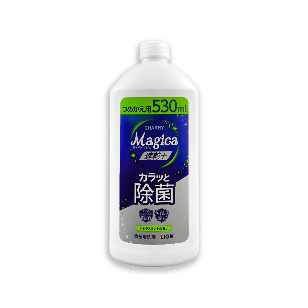 LION 日本獅王 CHARMY Magica速乾+去油淨味濃縮洗碗精補充瓶-柑橘薄荷(綠)530ml/瓶(食器清潔劑,碗盤去油汙)（其他規格）