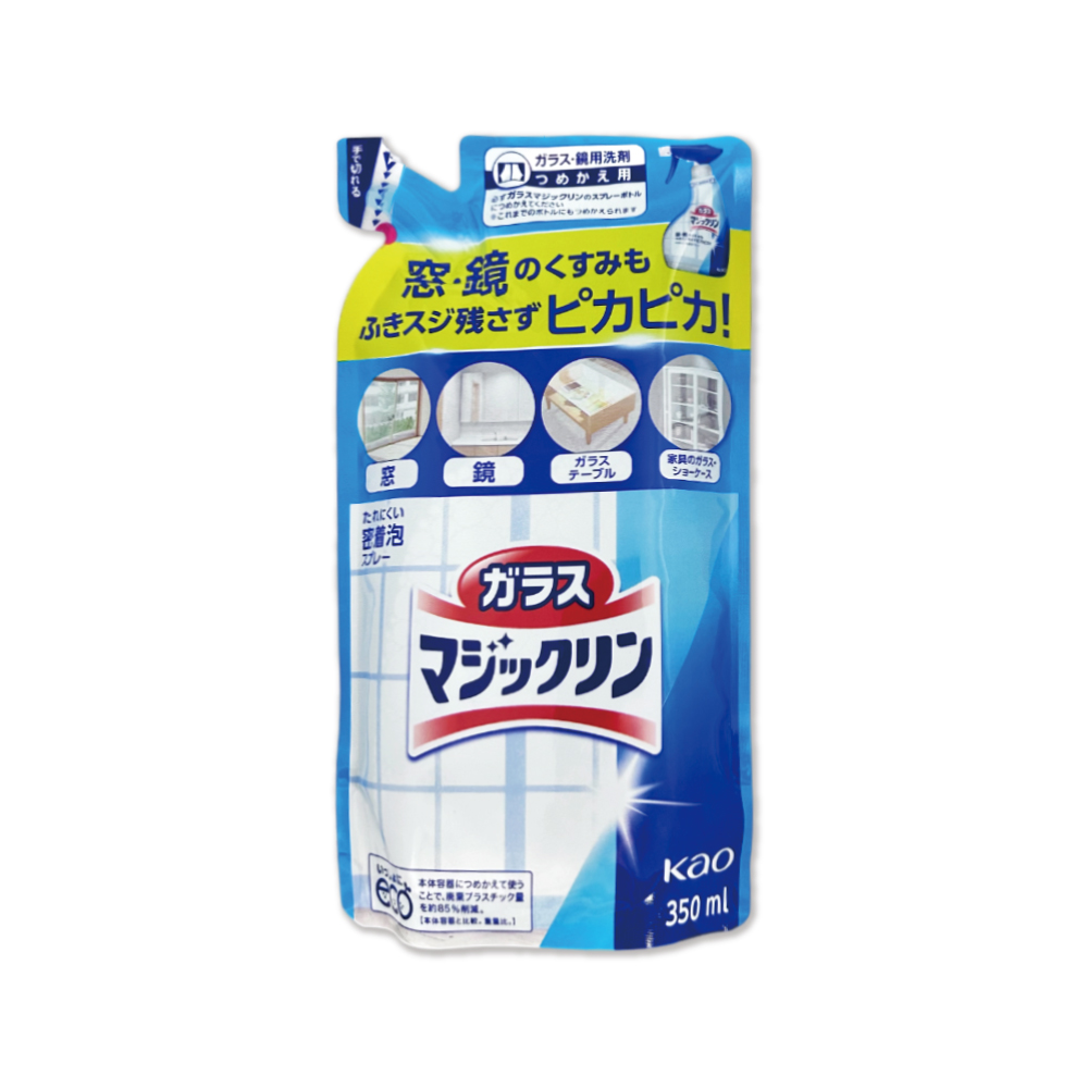 KAO 花王 日本鏡面去污光亮濃密泡沫噴霧玻璃清潔劑補充包350ml/藍白袋(窗戶鏡子手印擦拭洗淨液)