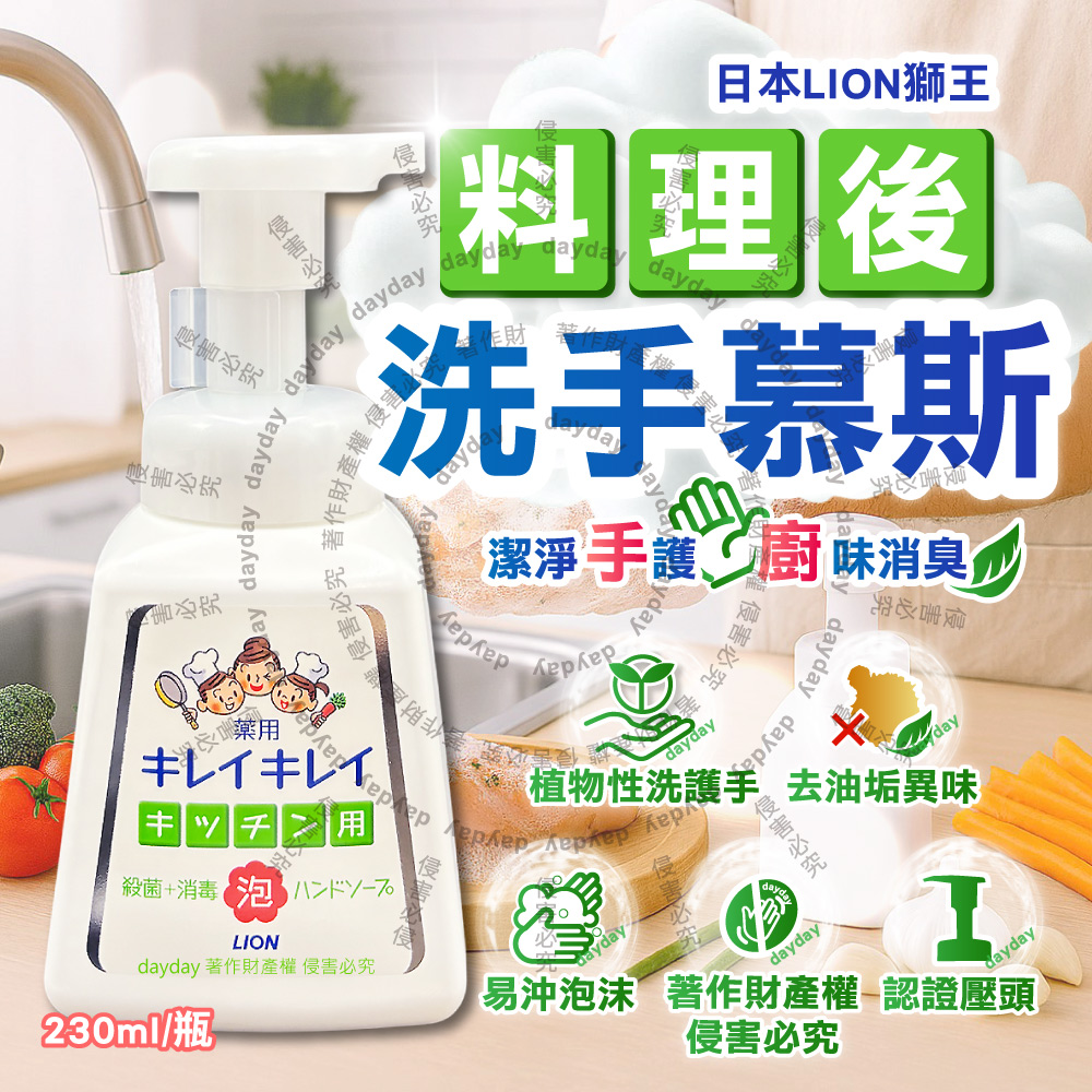 LION 日本獅王 趣淨料理後手部去味洗手慕斯-柑橘香230ml/按壓瓶(廚房烹飪去蔥蒜生鮮腥臭味泡泡洗手乳)