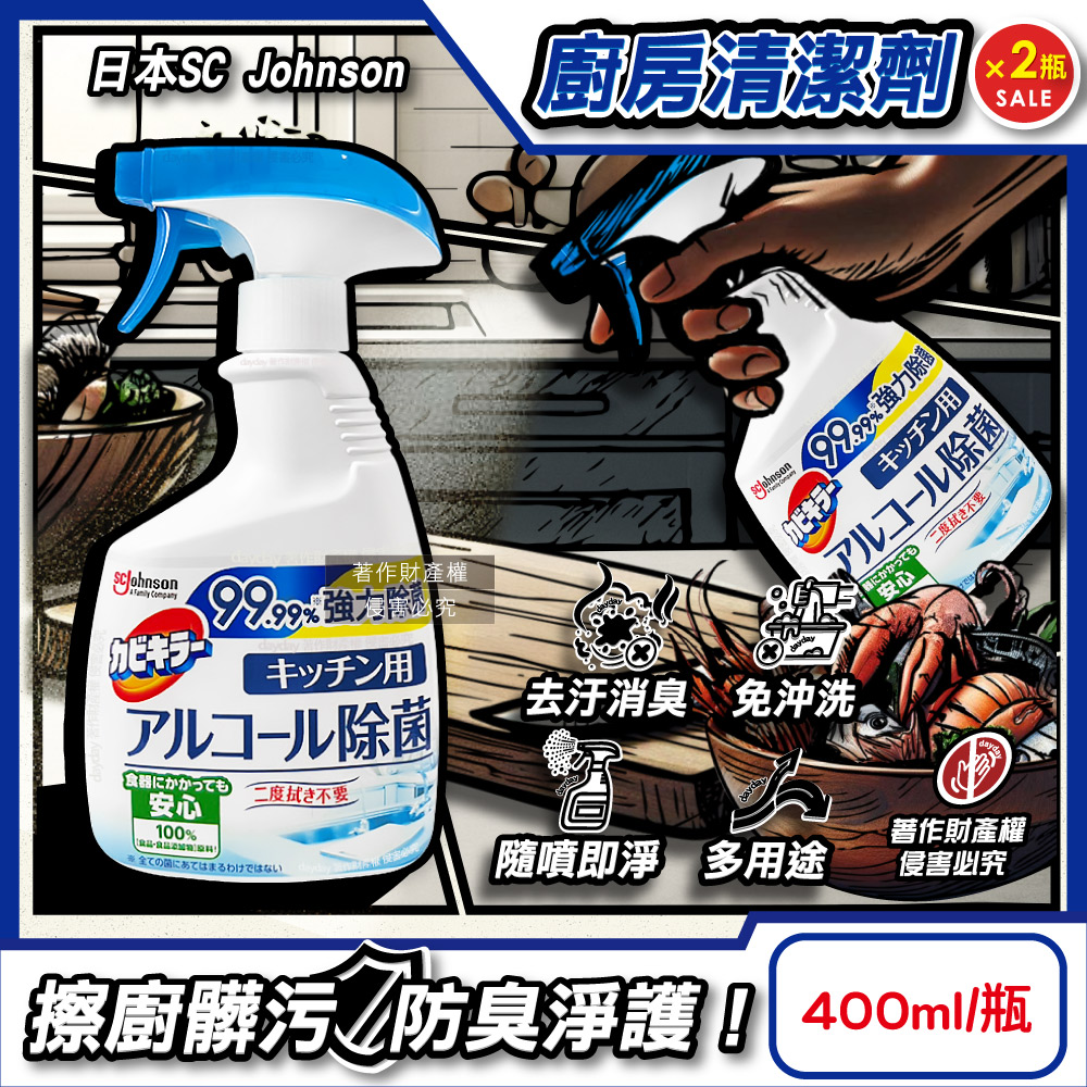 SC Johnson (2瓶超值組)日本莊臣-廚房多用途清潔劑400ml/瓶(流理臺家電外部除汙垢,抹布砧板刀具潔淨除臭萬用噴霧