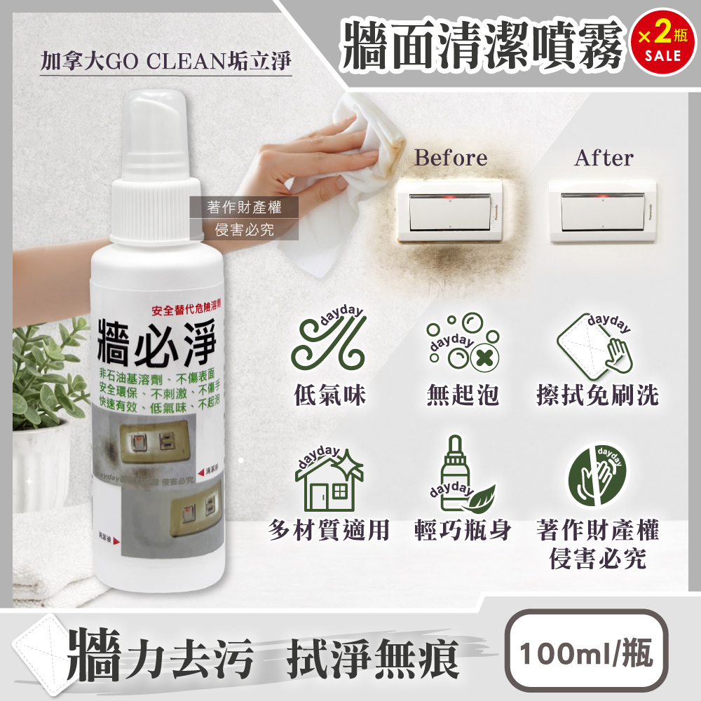 (2瓶超值組)加拿大GO CLEAN垢立淨-牆必淨除污漬潔白牆面清潔劑100ml/瓶(強效去塗鴉手印鞋印油污水痕)