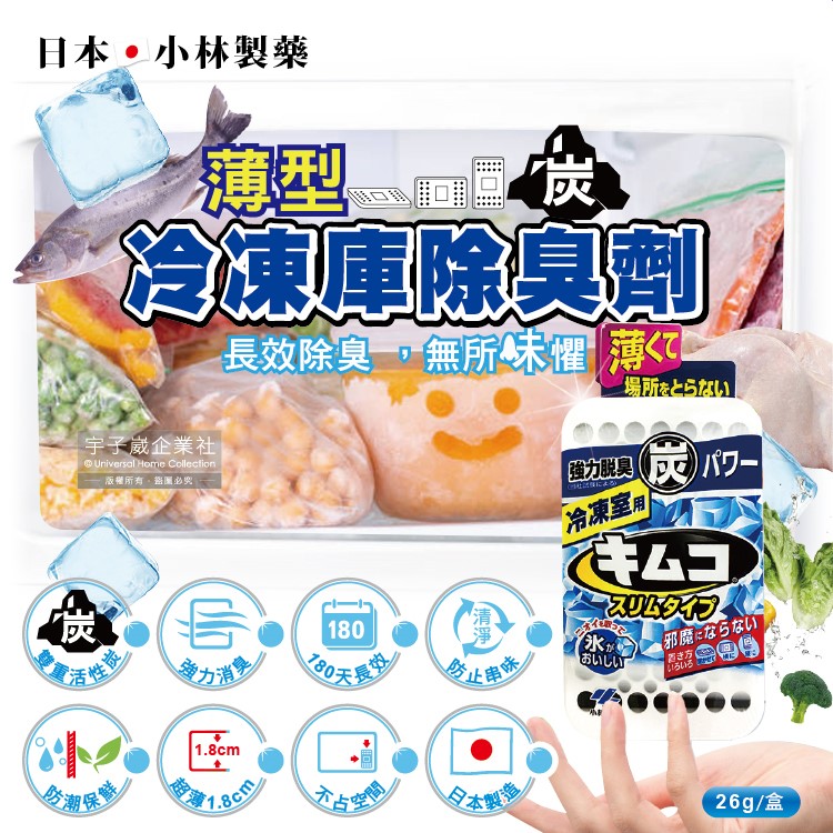 小林製藥 日本冰箱冷凍庫專用1.8cm超薄型雙重活性炭除臭劑26g/盒(約180天長效防潮脫臭食物保鮮)