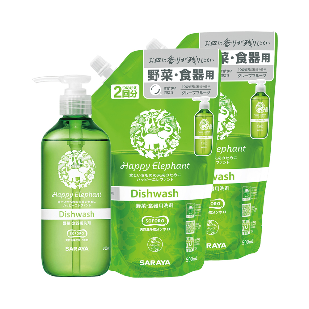 SARAYA 幸福小象 酵素食器蔬果洗潔精組300ml+500ml x2(1罐+2補充包/柚香)