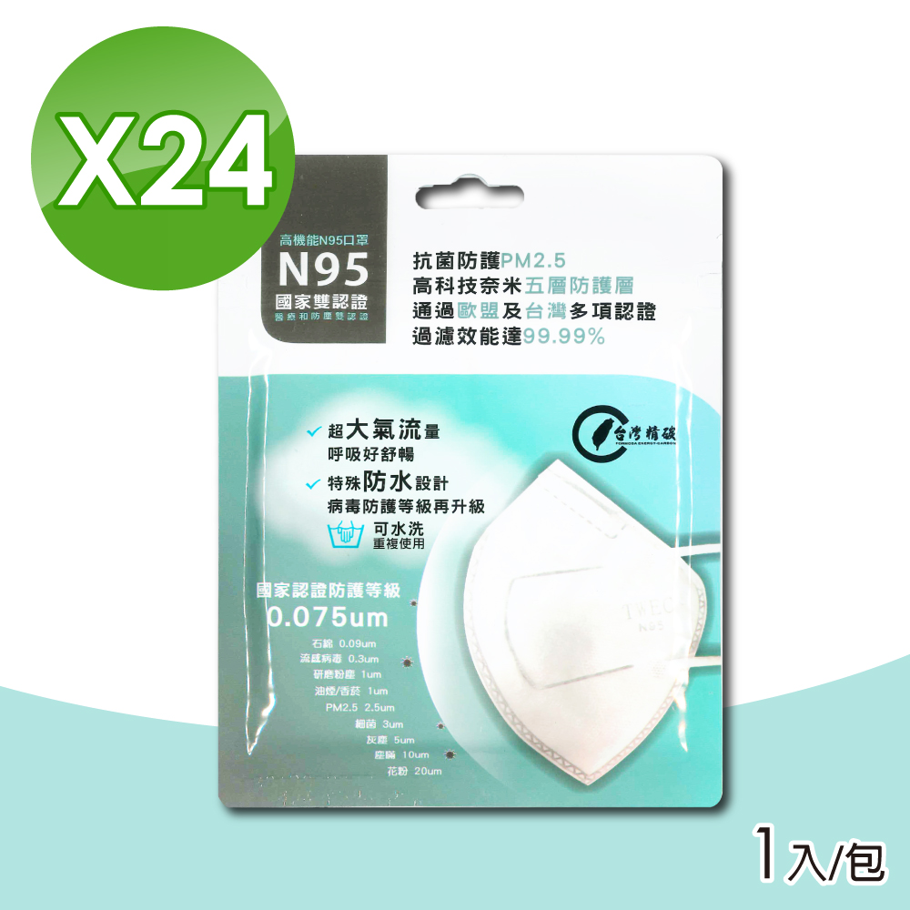 台灣精碳 N95醫用口罩 24包組(1入/包) (國家認證 可水洗重複使用)