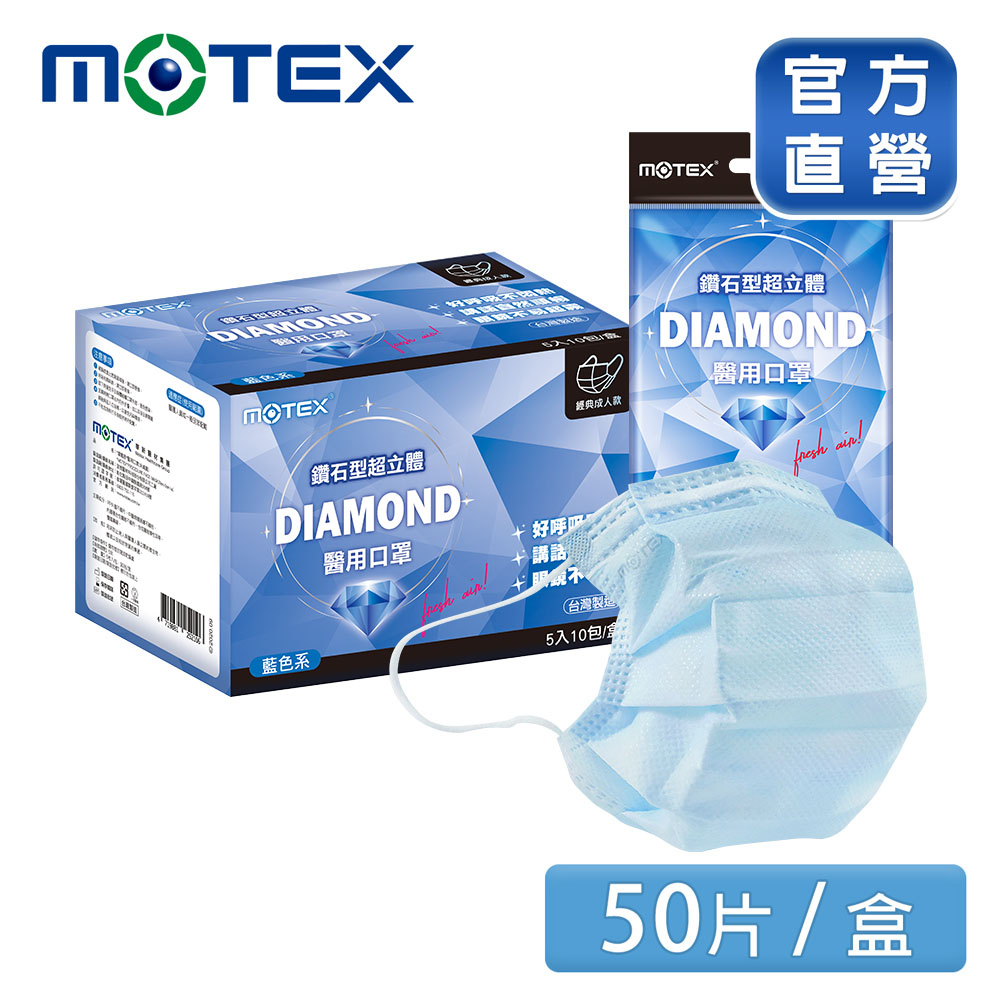 MOTEX 摩戴舒 鑽石型超立體醫用口罩 經典成人款 藍色系(5片/包10包/盒共50片)