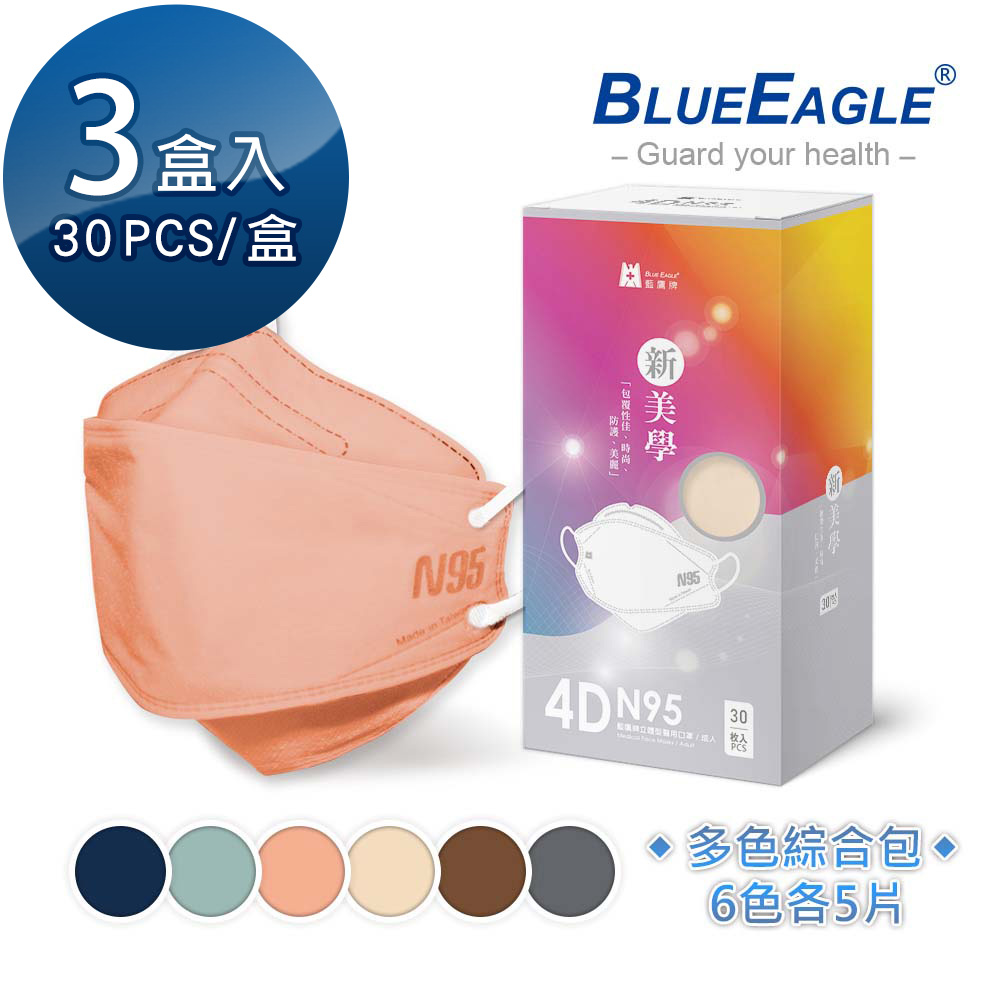 藍鷹牌 N95 4D立體型醫療成人口罩 (綜合包-每色各5片) 30片x3盒