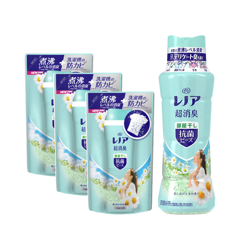 (1+3超值組)日本P&amp;G Lenor-超消臭衣物除臭顆粒香香豆490ml/瓶*1+補充包430ml/袋