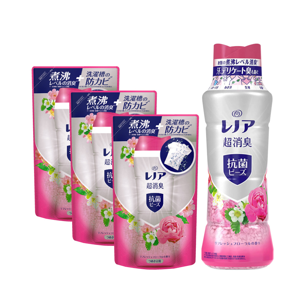 (1+3超值組)日本P&amp;G Lenor-超消臭衣物除臭顆粒香香豆490ml/瓶*1+補充包430ml/袋