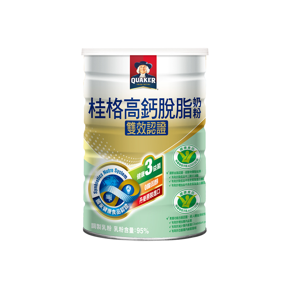 Quaker 桂格 雙認證高鈣脫脂奶粉(1500g/罐) 贈限量即食大燕麥片隨身包(3入/盒)