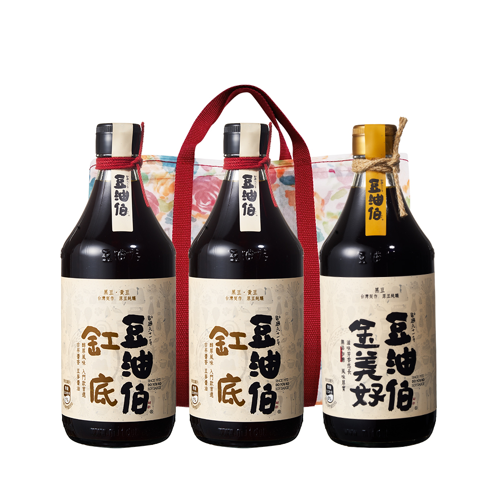 豆油伯 缸底美好醬油三入組加贈白玫瑰袋(缸底醬油500mlx2+金美好醬油500ml)