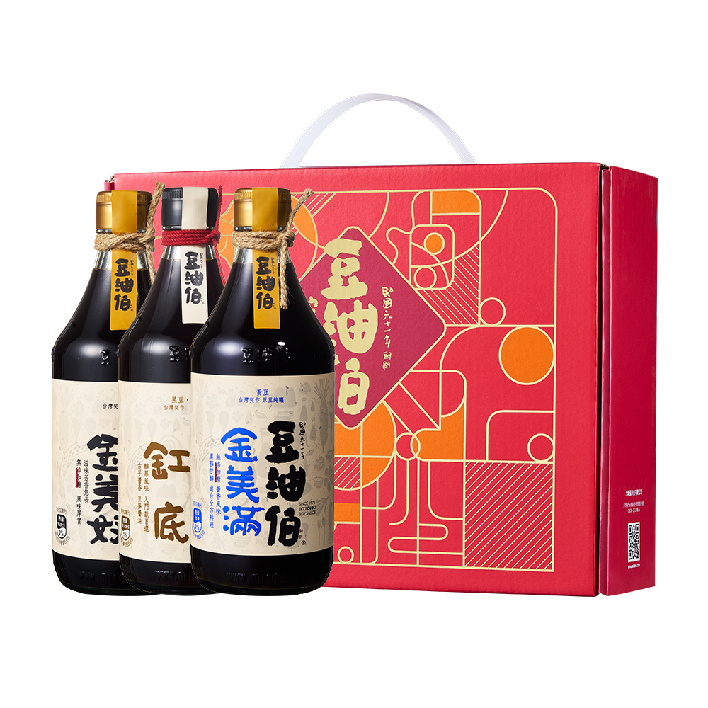 豆油伯 熱銷經典醬油三入禮盒組(缸底醬油500ml+金美滿醬油500ml+金美好醬油500ml)