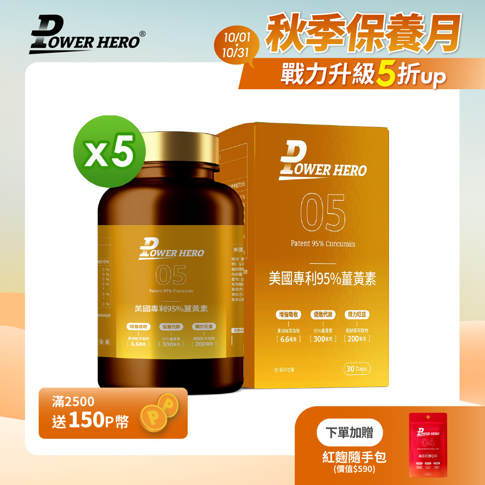 PowerHero 勁漢英雄 美國專利95%薑黃素x5盒 (60顆/盒)