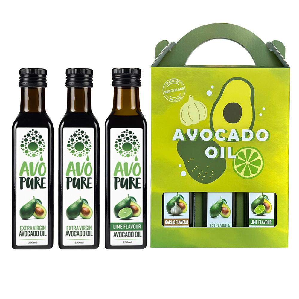 紐西蘭 AVOPURE100%特級冷壓酪梨油x2瓶+特級冷壓酪梨油-萊姆風味x1瓶(250ml/瓶x3瓶-禮盒組)
