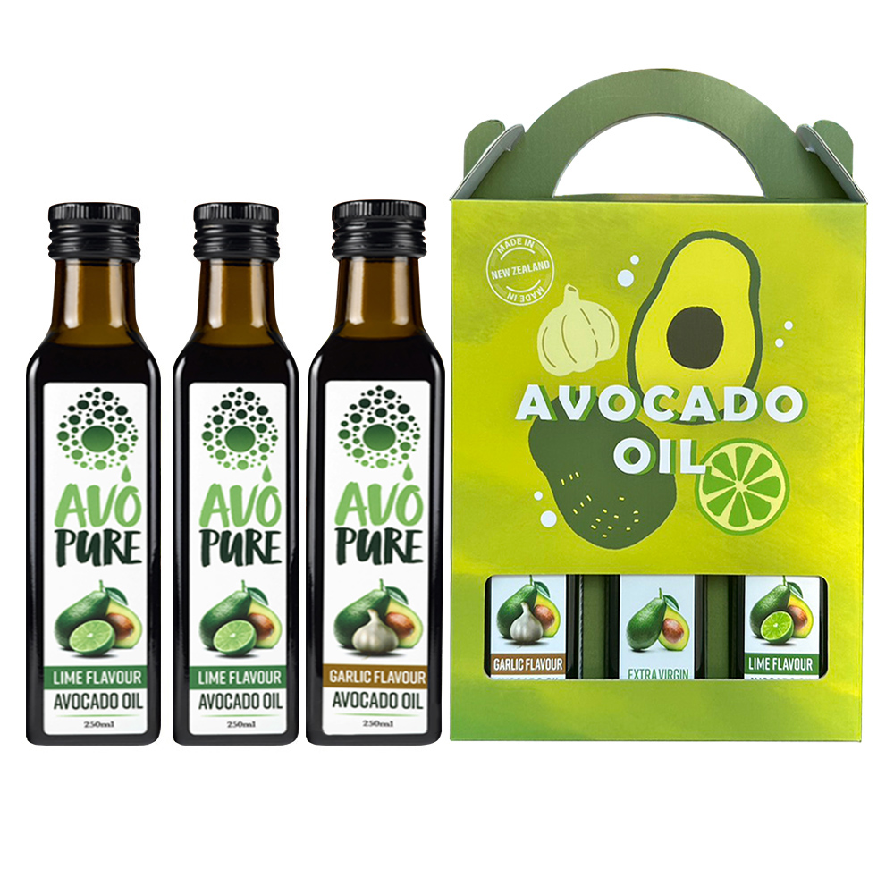 紐西蘭 AVOPURE特級初榨冷壓酪梨油-萊姆風味x2瓶+特級冷壓酪梨油-大蒜風味x1瓶(250ml/瓶x3瓶-禮盒組)