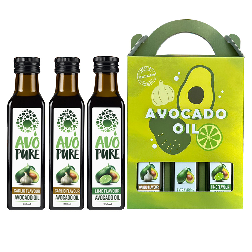 紐西蘭 AVOPURE特級初榨冷壓酪梨油-大蒜風味x 2瓶+特級冷壓酪梨油-萊姆風味x 1瓶(250ml/瓶x3瓶-禮盒組)