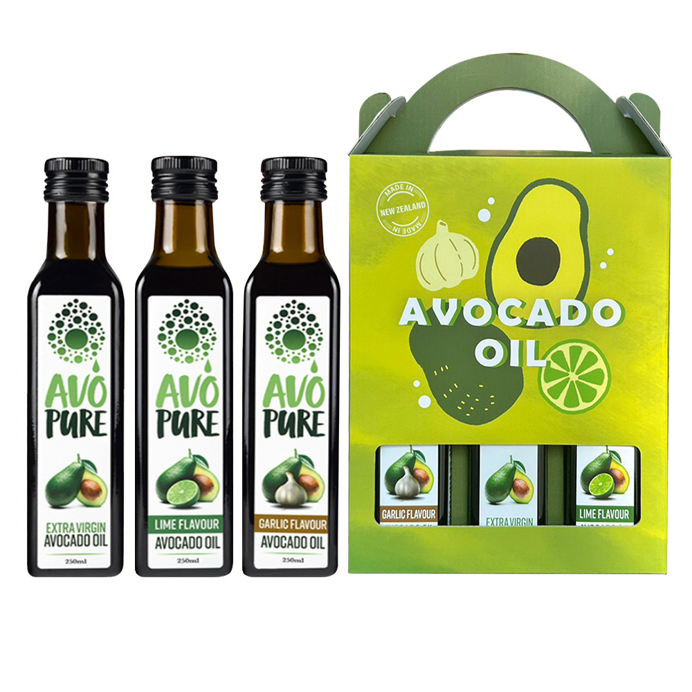 紐西蘭 AVOPURE100%特級冷壓酪梨油-原味X1瓶+萊姆風味X1瓶+大蒜風味X1瓶(250ml/瓶x3瓶-禮盒組)