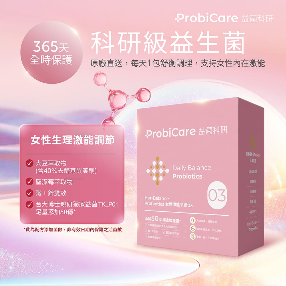 【益菌科研】03女性激能平衡益生菌粉 30包/盒 (去醣基異黃酮 聖潔莓萃取物 鐵 鋅 機能益菌TKLP01)