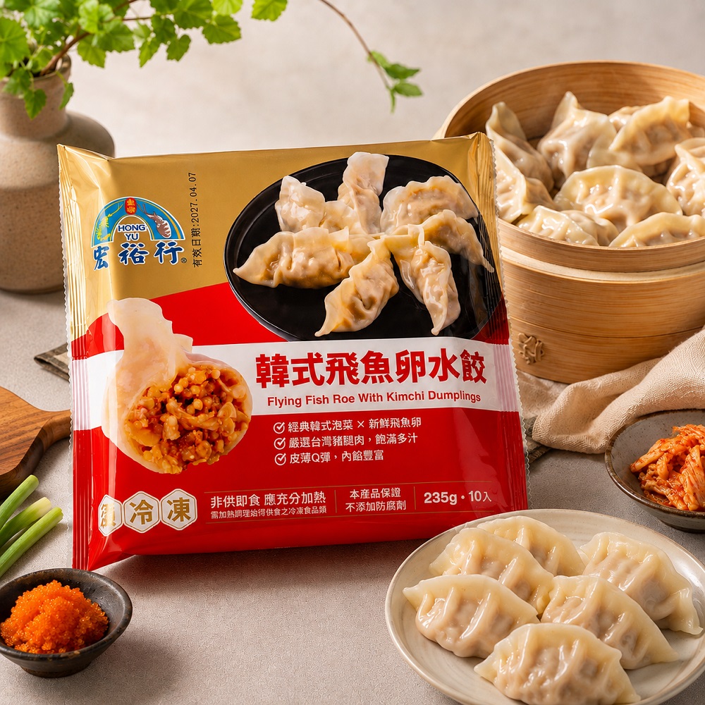 宏裕行 韓式飛魚卵水餃235gx3盒 (10入/盒 澎湖花枝丸名店 滿滿飛魚卵 逼逼啵啵爆汁口感 冷凍水餃宅配)