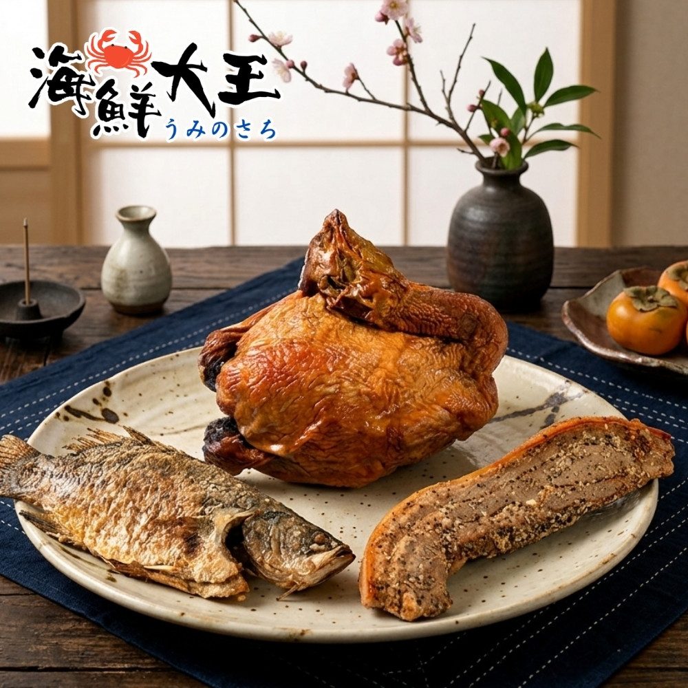 【海鮮大王】富貴圓滿拜拜三牲禮*1件組 (烤全雞750g+烤鹹豬肉200g+烤魚250g)