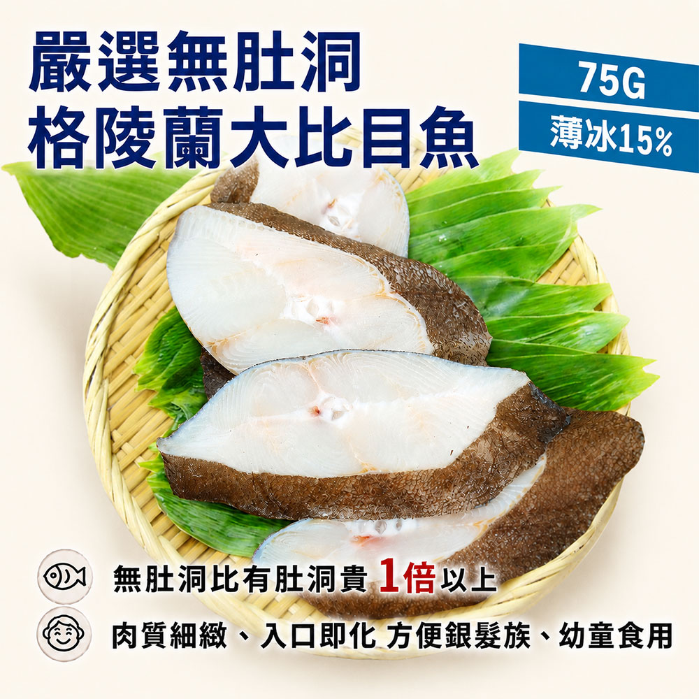 築地一番鮮 扁鱈(大比目魚) 75gX20片組|無肚洞 /薄冰鎖鮮