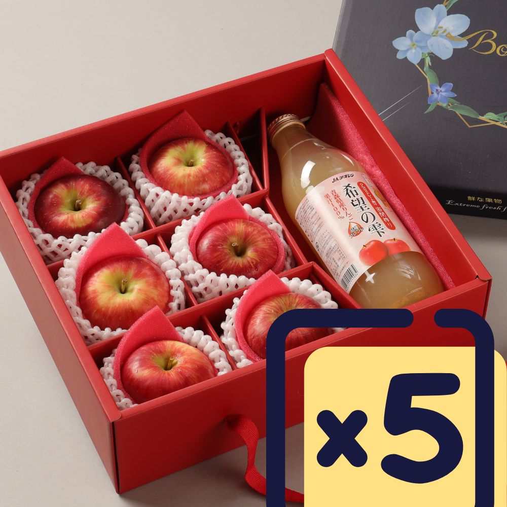 RealShop 真食材本舖 臻選禮盒(A)x5組 紐西蘭富士6顆+日本蘋果汁1罐 單組約2.5kg±10% (水果禮盒 中秋禮盒 企業團購)