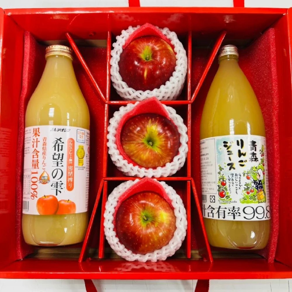 RealShop 真食材本舖 美國/紐西蘭富士蘋果3顆+日本蘋果汁2罐 共約2.7kg(臻選禮盒B 端午送禮 水果禮盒)