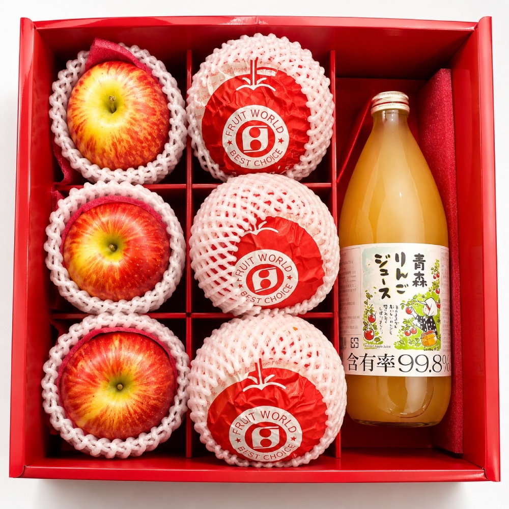 RealShop 真食材本舖 紐西蘭富士3顆+韓國梨3顆+青森蘋果汁1罐 共約2.8kg禮盒(御品禮盒B 中秋送禮 水果禮盒)