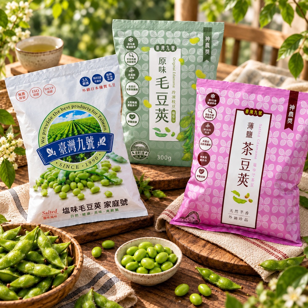 【台灣九號】外銷日本毛豆/茶豆任選x3(原味/薄鹽毛豆莢/芋香茶豆莢 退冰即食 神農獎毛豆 台灣在地小農)