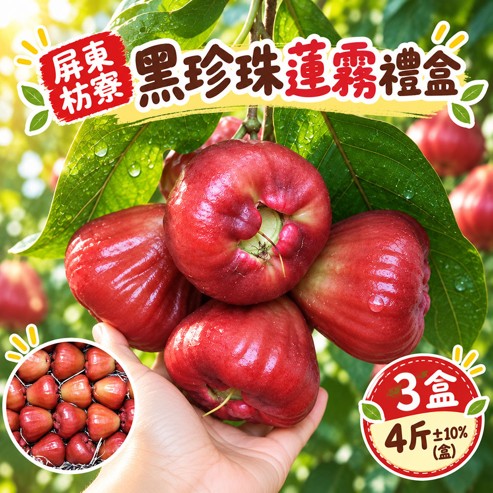 初品果 屏東枋寮黑珍珠蓮霧禮盒4斤x3盒_小果