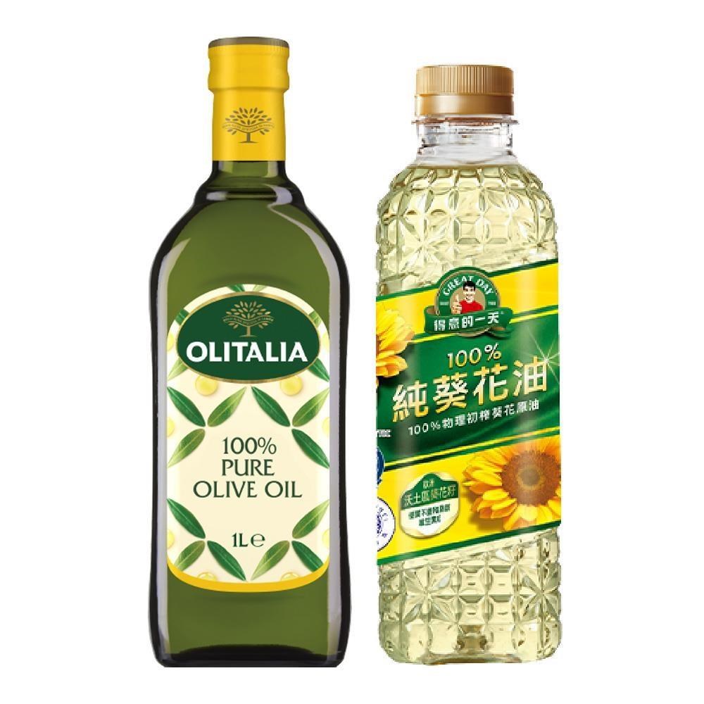 Olitalia 奧利塔 純橄欖油1000mlx1罐+得意的一天葵花油1000mlx1罐