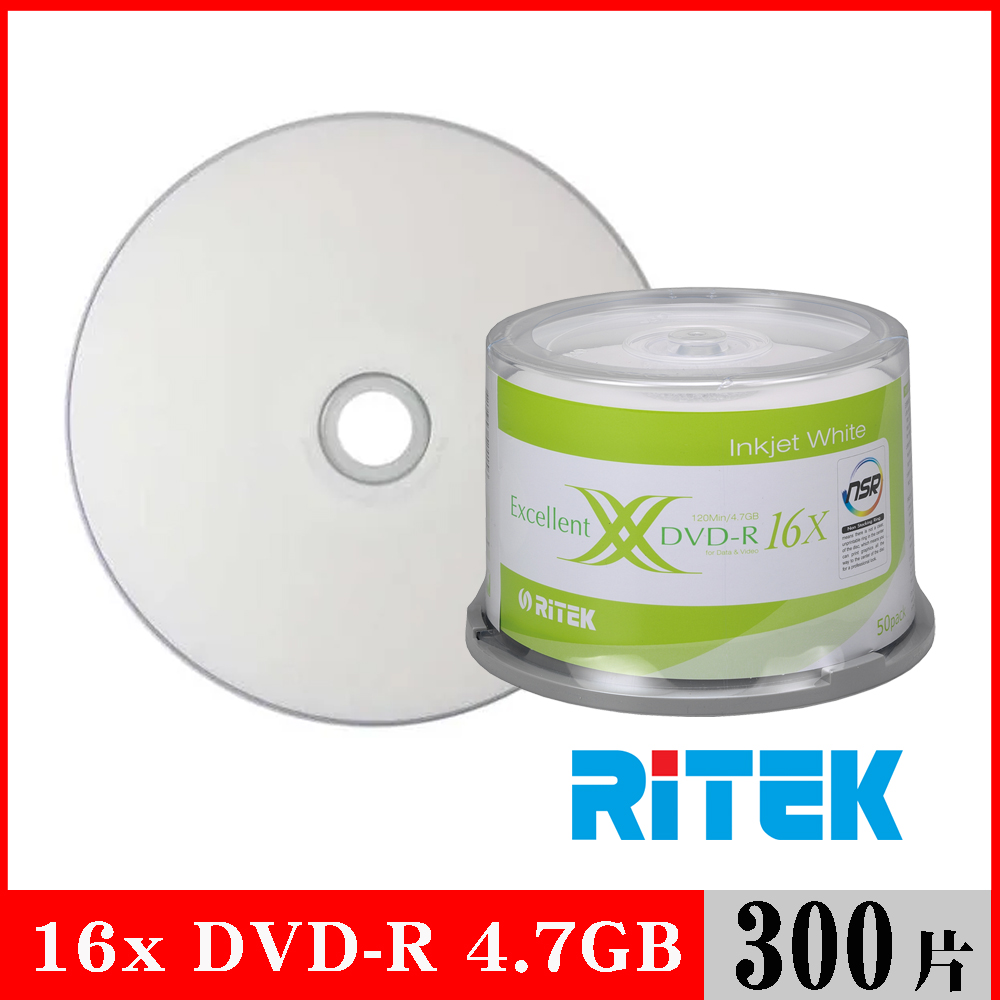 RIDATA 錸德 RITEK 16x DVD-R 4.7GB 珍珠白滿版可列印/300片布丁桶裝