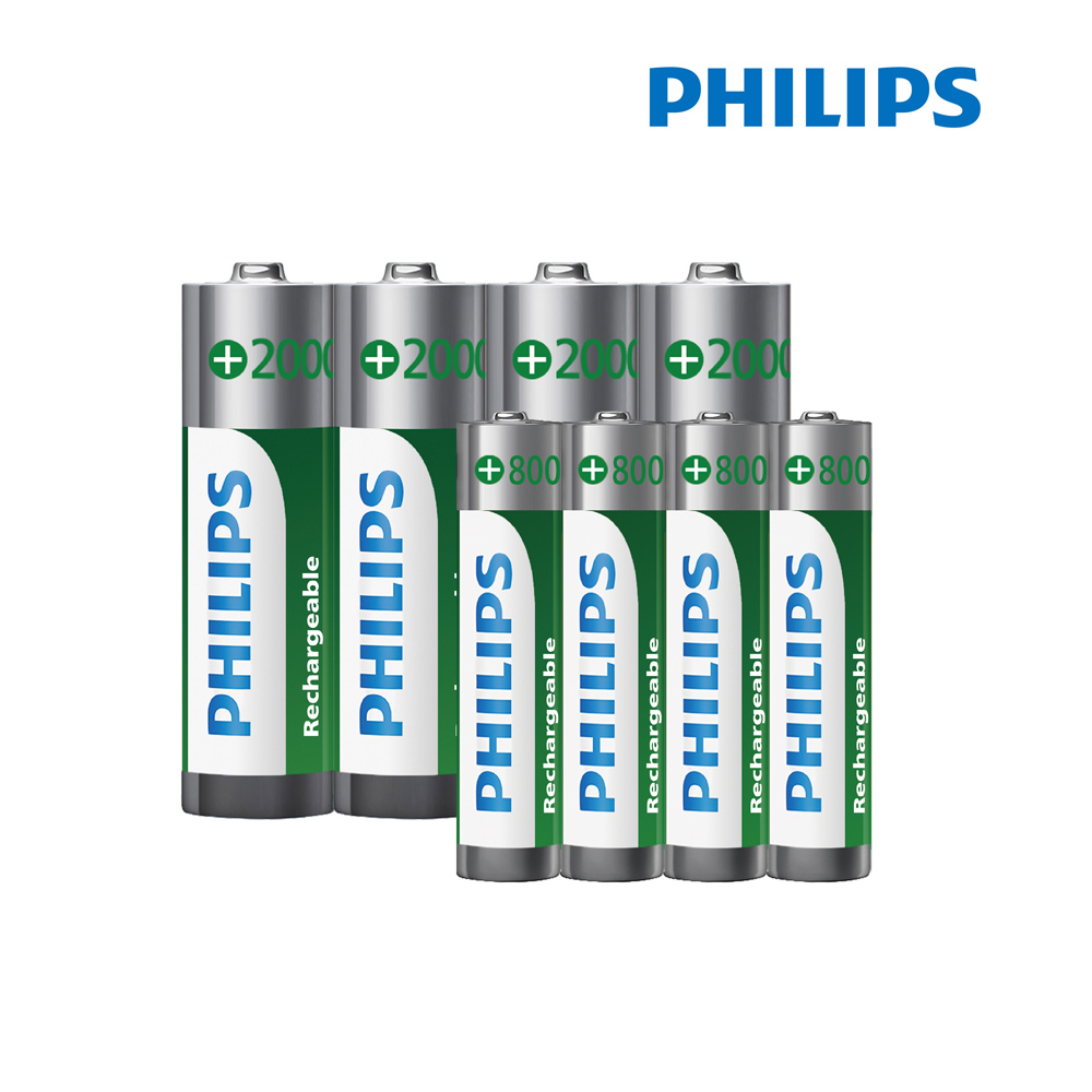 PHILIPS 飛利浦 AA 3號 2000mAh + AAA 4號 800mAh 低自放鎳氫充電電池(各4入)