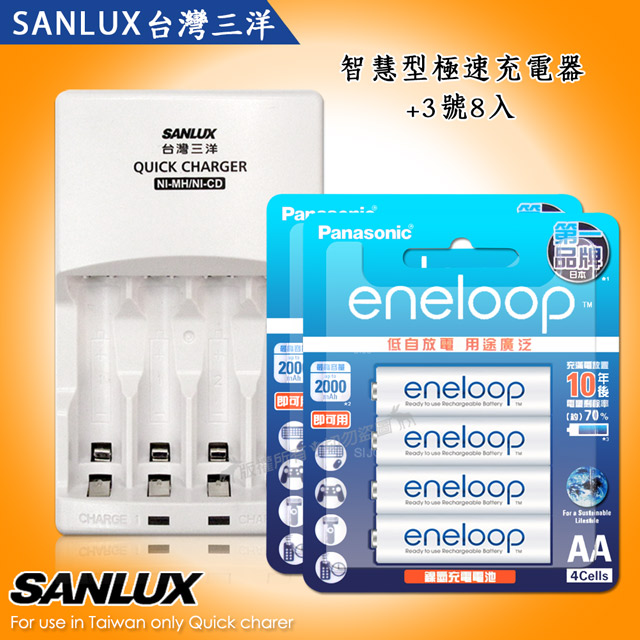 Panasonic 國際牌 三洋智慧型充電器+新款彩版 eneloop 低自放3號2000mAh充電電池(8顆入)