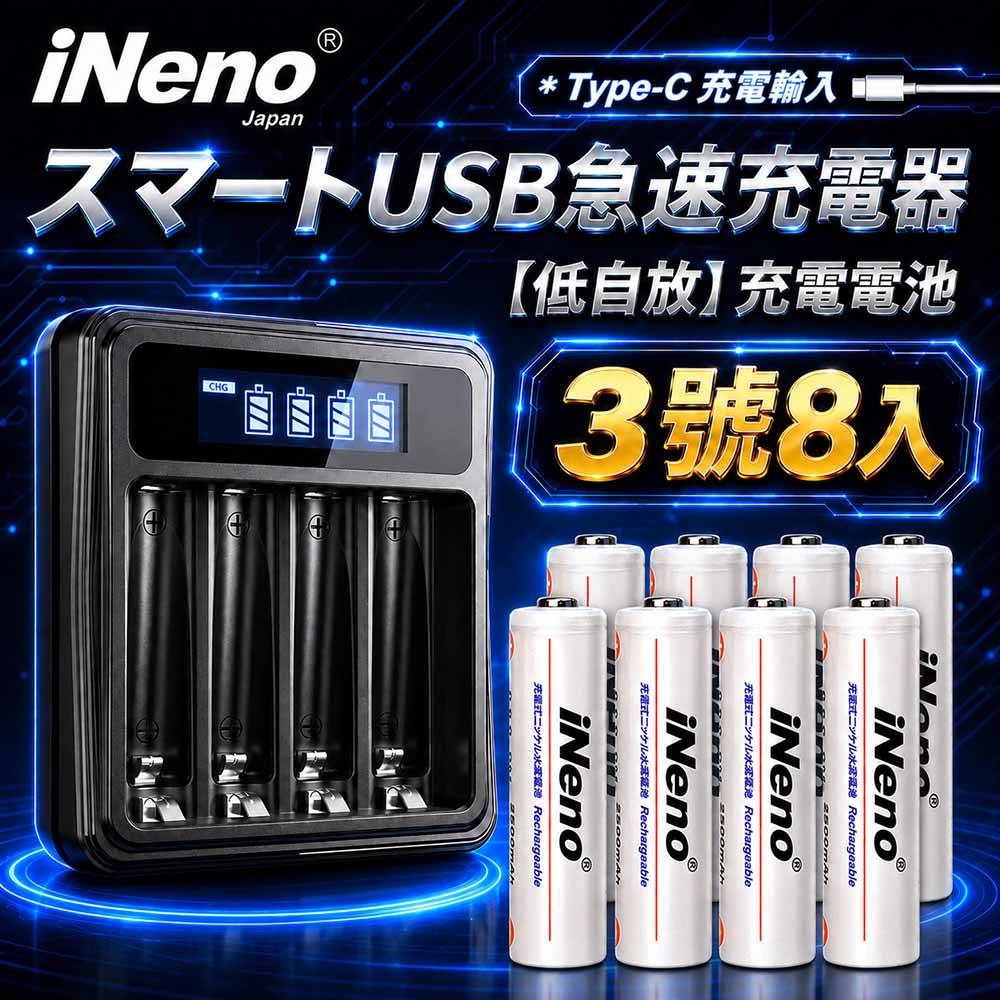 iNeno 低自放高容量2500mAh鎳氫充電電池(3號8入)+鎳氫專用液晶充電器UK-L575(附線)