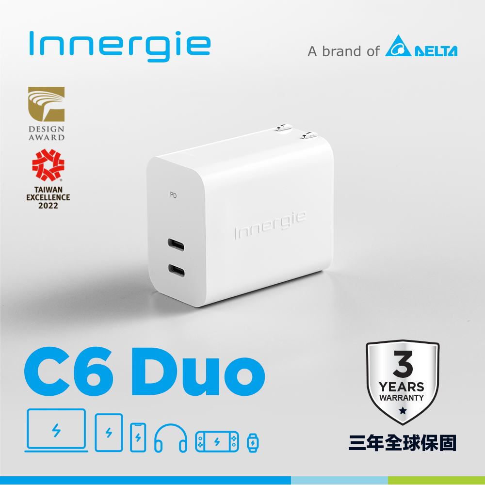 Innergie C6 Duo 63瓦 雙孔 USB-C 萬用充電器 (摺疊版)(無塑包裝)