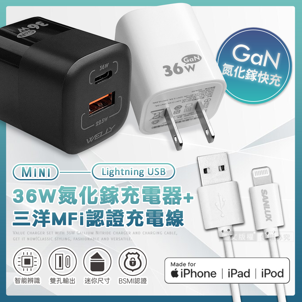 WELLY 威力 台灣三洋 MFi原廠認證線 Lightning USB 傳輸充電線(200cm)+WELLY 36W氮化鎵GaN 雙孔充電器