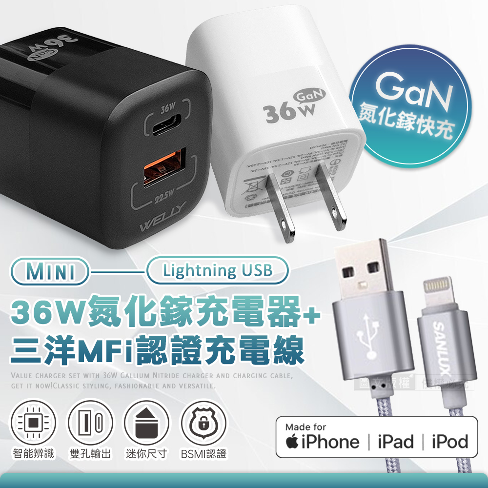 SANLUX 台灣三洋 MFi原廠認證線 Lightning USB 傳輸充電線(100cm)+WELLY 36W氮化鎵GaN 雙孔充電器