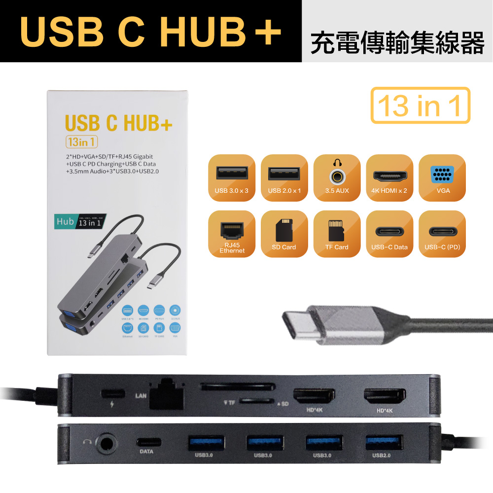 13合1多功能充電傳輸集線器 USB C HUB+ 轉接頭(HUB集線器 電腦分線器) 保固3個月