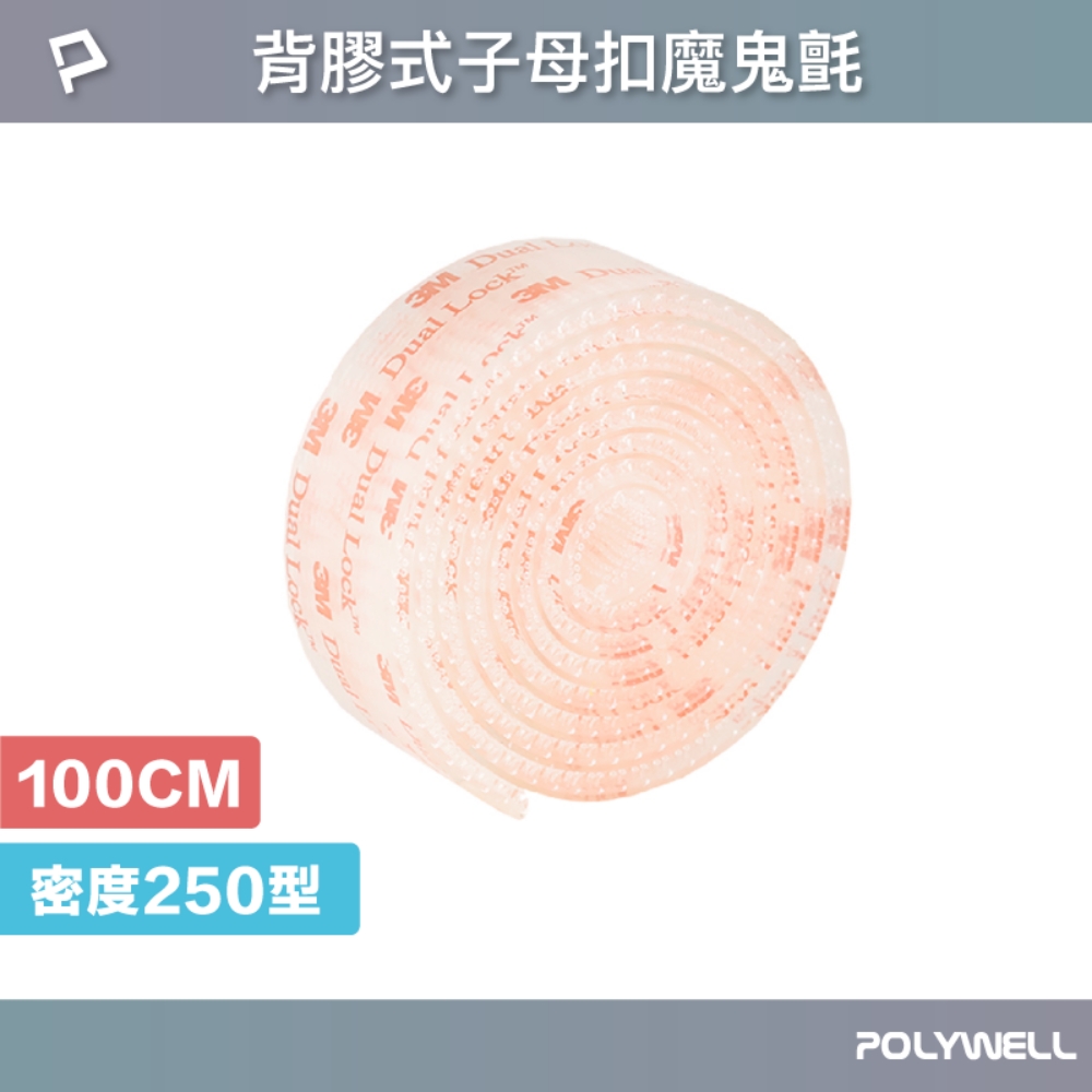 POLYWELL 寶利威爾 背膠式子母扣魔鬼氈 密度250型 /透明色 /100公分