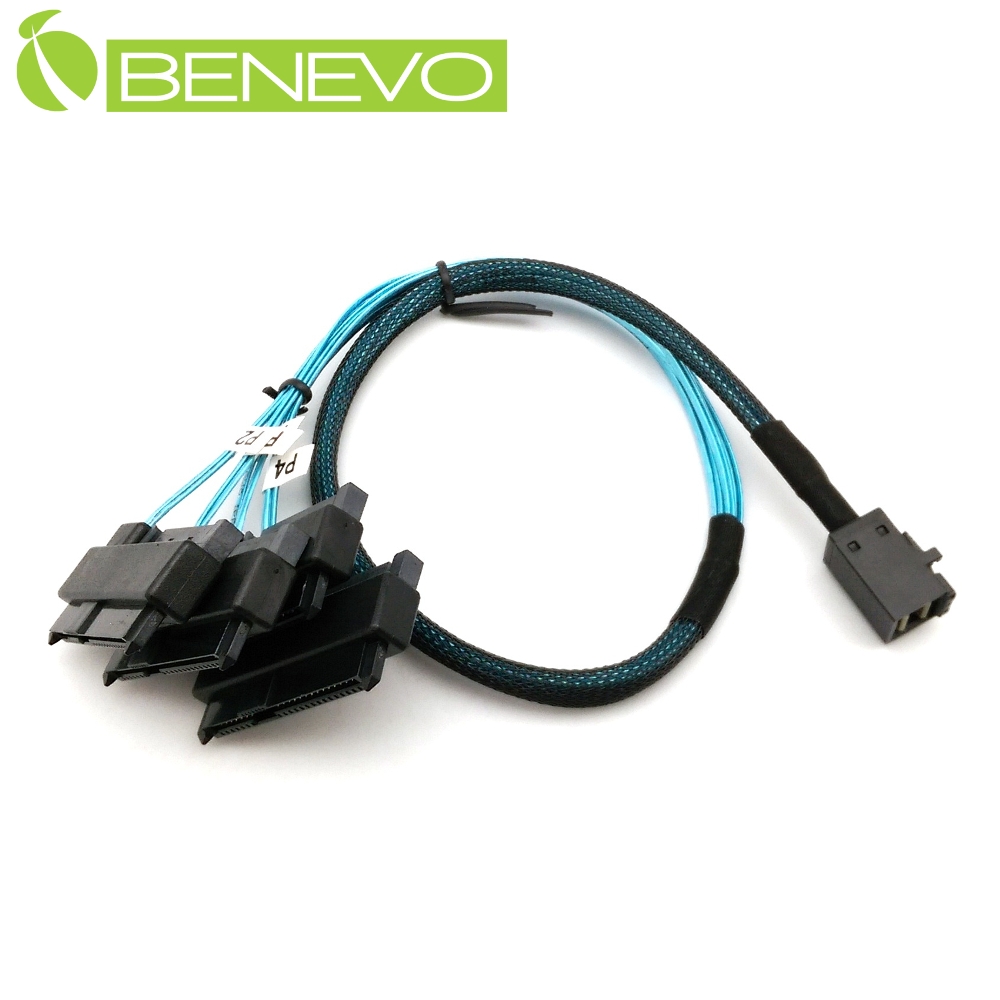 Benevo 50cm Mini SAS SFF-8643轉4組SAS SFF-8482硬碟連接線,具SATA電源 (BSAS4382x4S050)