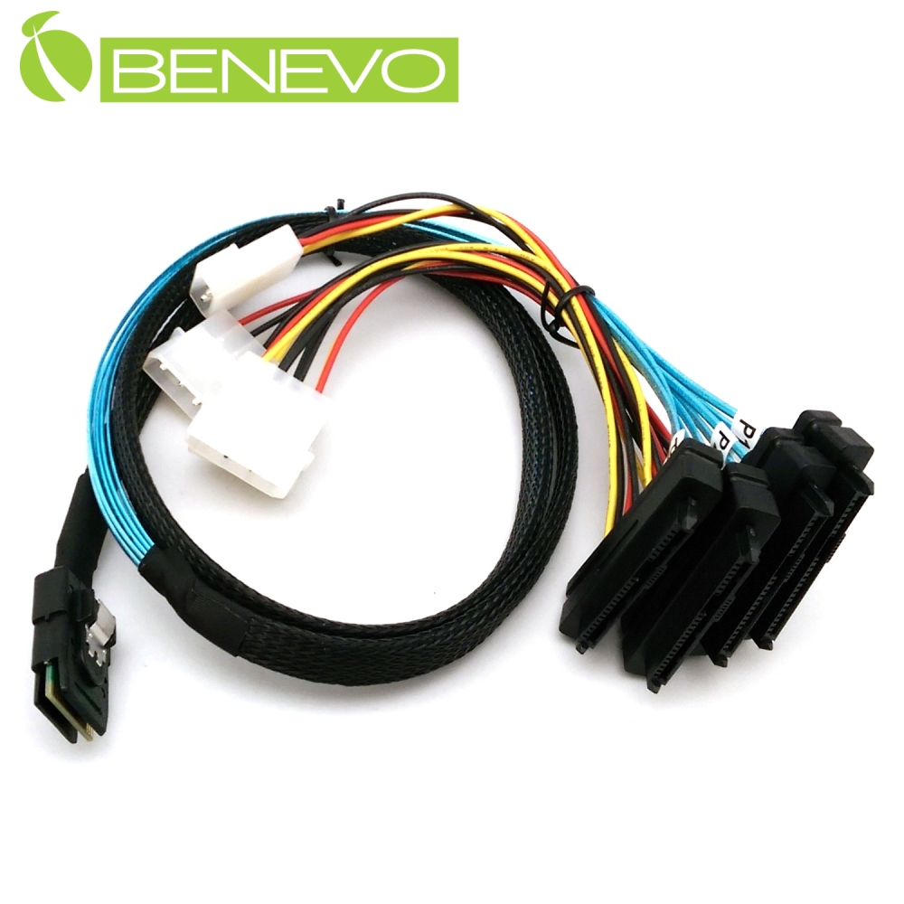 Benevo 1米 Mini SAS SFF-8087轉4組SAS SFF-8482硬碟連接線(附4P電源) (BSAS8782x4D100)