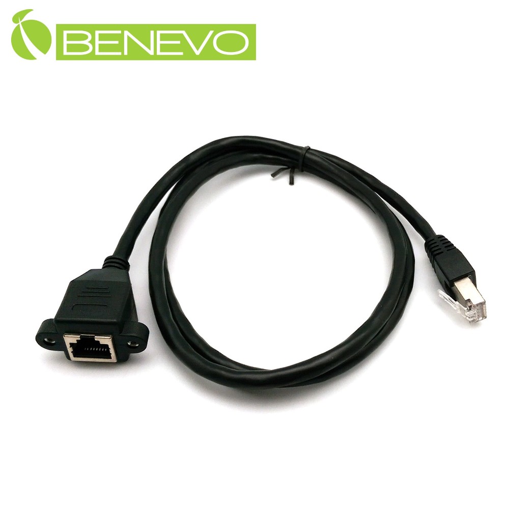 BENEVO可鎖型 1M Cat6遮蔽/十字隔離 RJ45接頭延長線(公對母，母頭 帶螺絲孔)