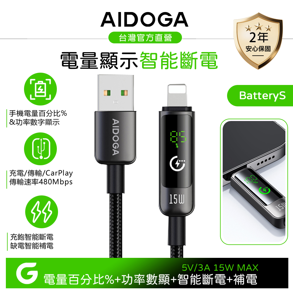 AIDOGA 艾迪伽 USB-A TO Lightning充電傳輸編織快充線 電量顯示/智能斷電/補電/功率數顯 BatteryS系列 1.2M