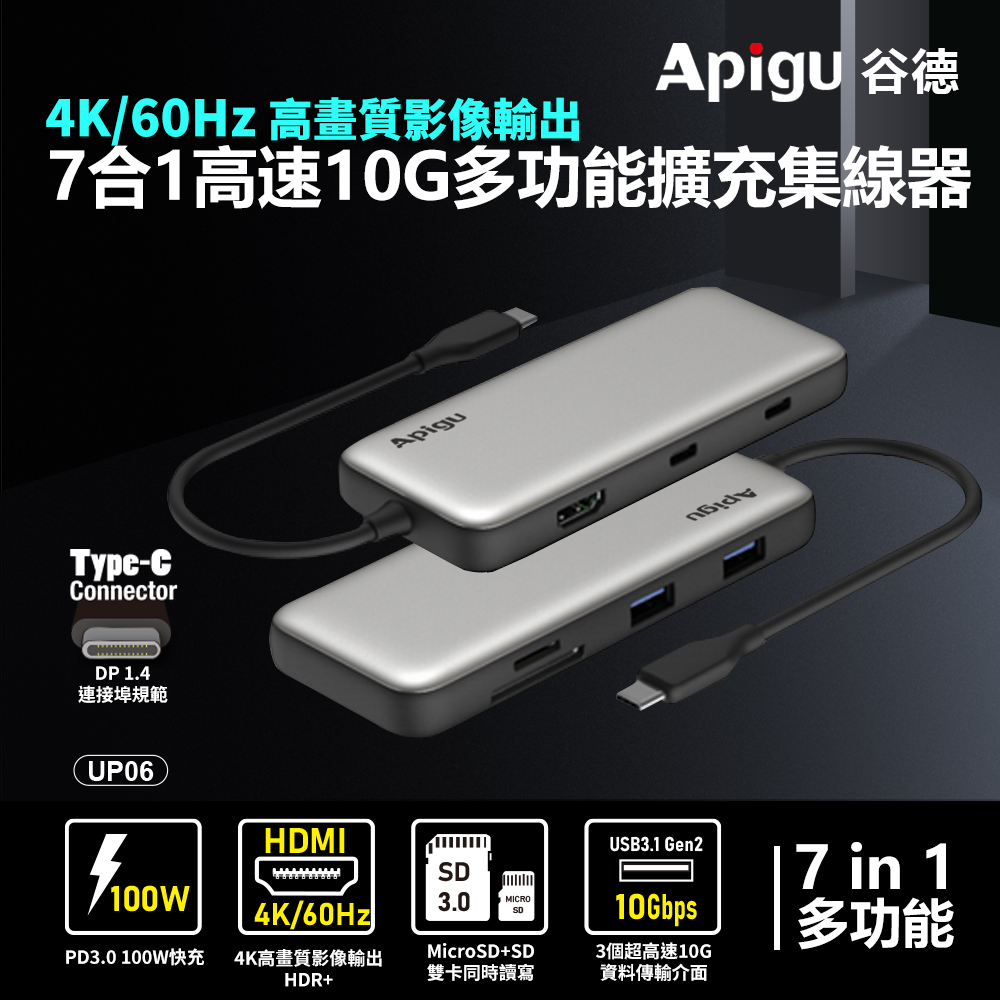 USB3.1 Gen2 10G HUB 4K 7合1高速多功能集線器  (4K60Hz HDMI,10Gbps傳輸,PD3.0快充,雙卡槽同時讀寫 )