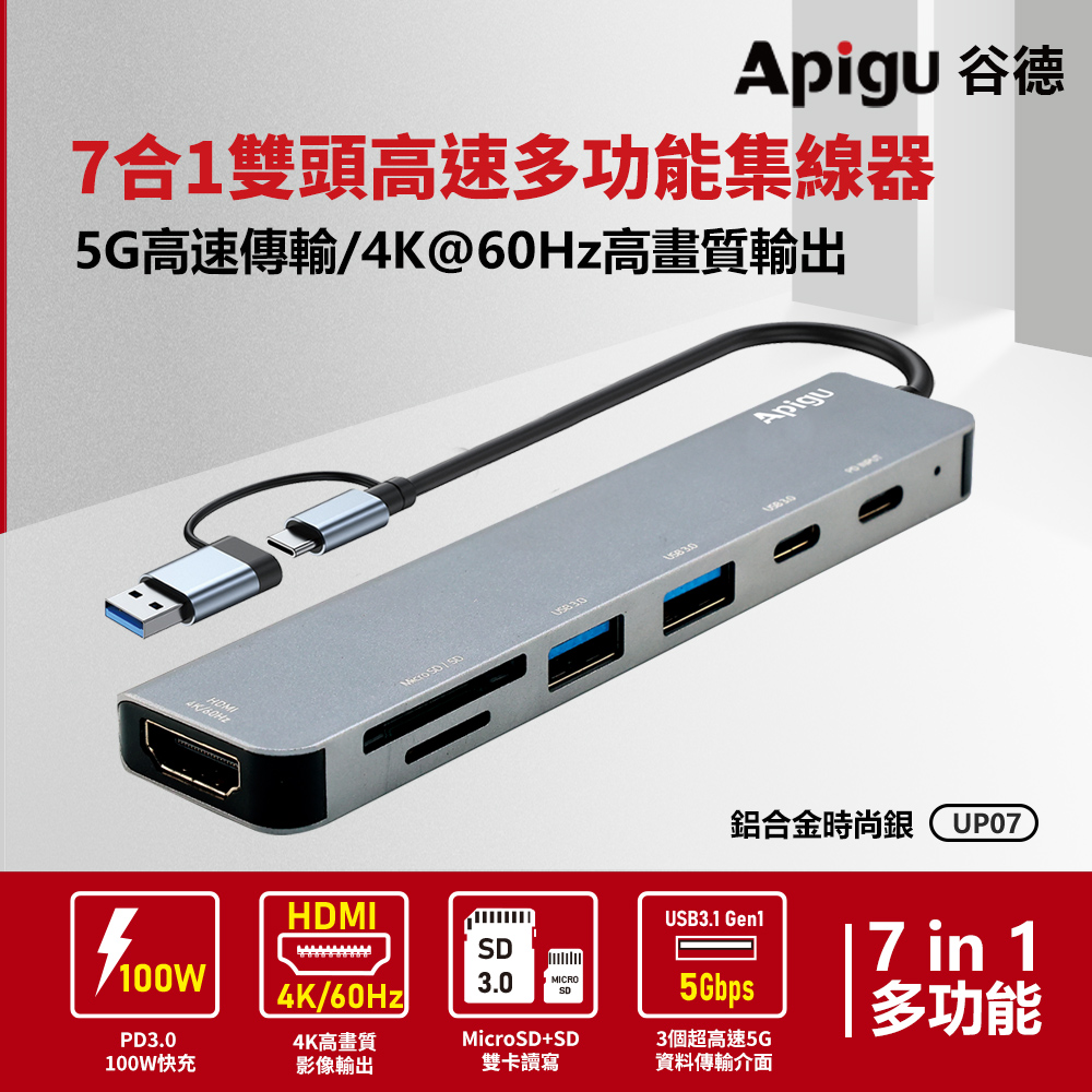 USB3.1 5G HUB 4K 7合1雙頭高速多功能集線器  (4K60Hz HDMI,5Gbps傳輸,PD快充,雙卡槽, 加TypeA轉接頭 )