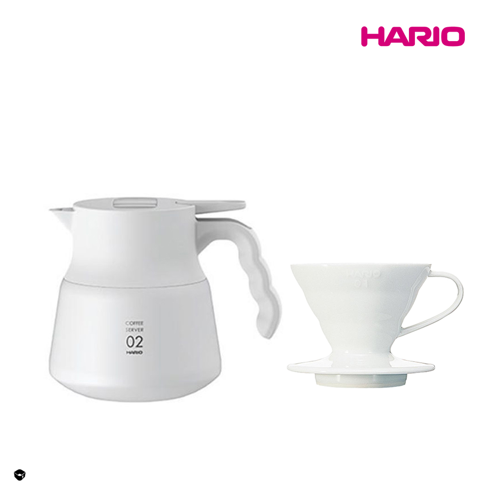 HARIO 純白系列 V60白色01磁石濾杯 + V60不鏽鋼保溫咖啡壺白PLUS 600