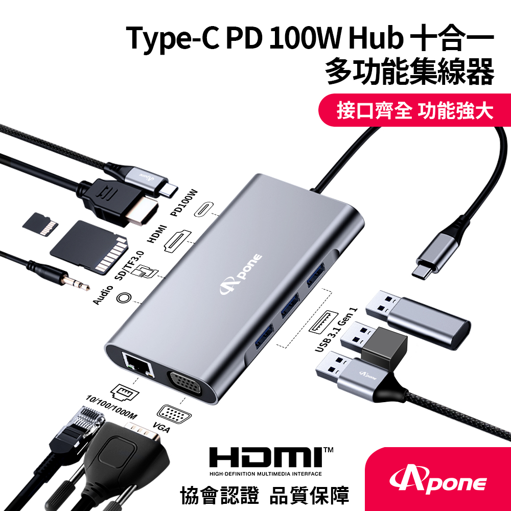 Apone Type-C PD 100W Hub十合一多功能集線器
