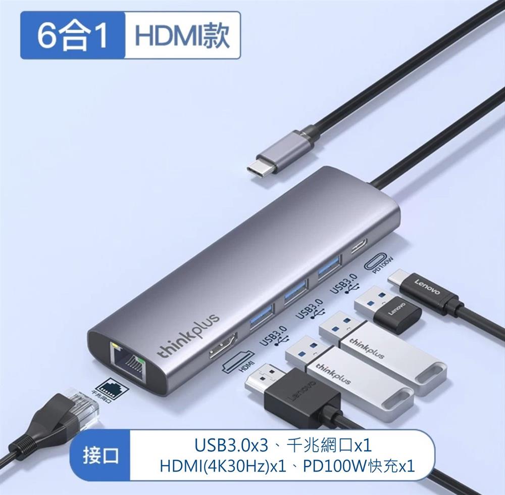 LENOVO 聯想 TYPE-C HUB USB3.0 LAN HDMI 六合一 集線器 多接口轉換器