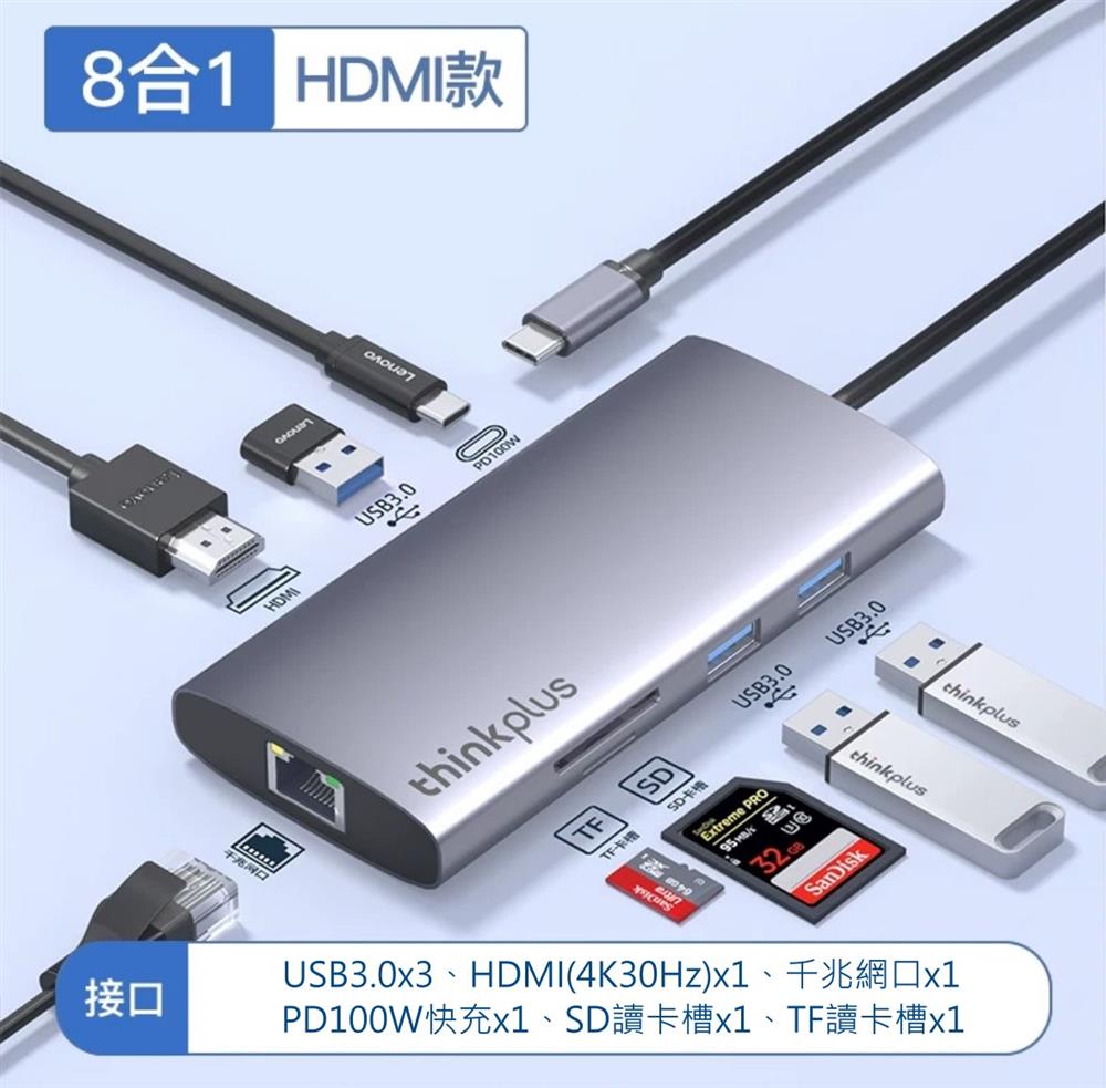 LENOVO 聯想 TYPE-C HUB USB3.0 LAN SD 八合一 集線器 多接口轉換器